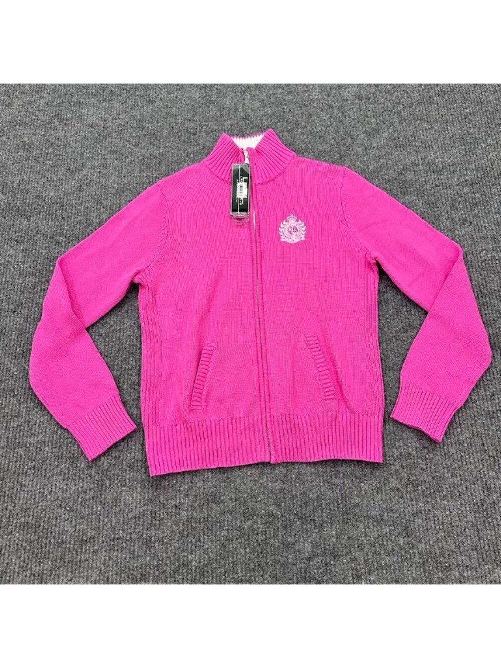 Ralph Lauren Active Pink Zip Embroidered Crest Cardigan Sweater Womens Large NEW